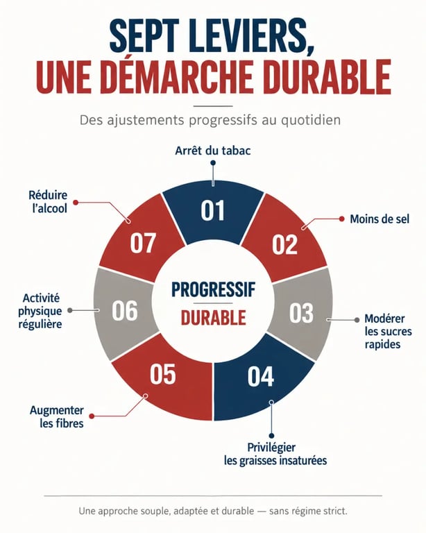 Infographie des sept leviers des règles hygiéno-diététiques