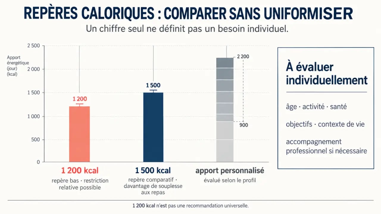 Régime 1200 calories : comparaison entre 1200 kcal, 1500 kcal et un apport personnalisé